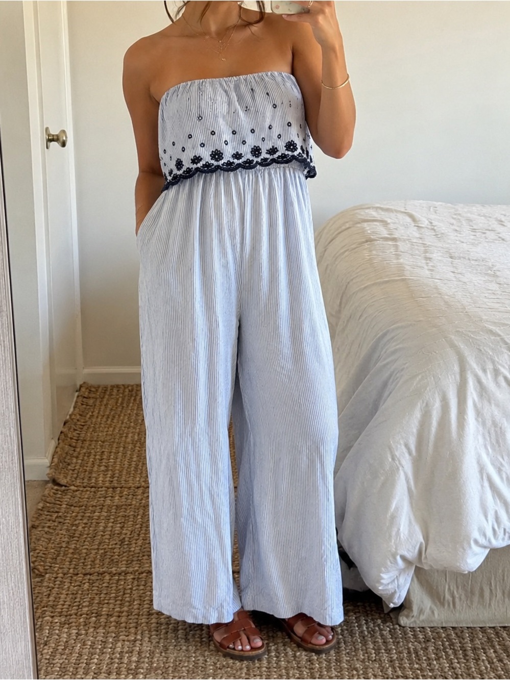 Strapless Wide-Leg Jumpsuit in Light Blue with Navy Embroidery